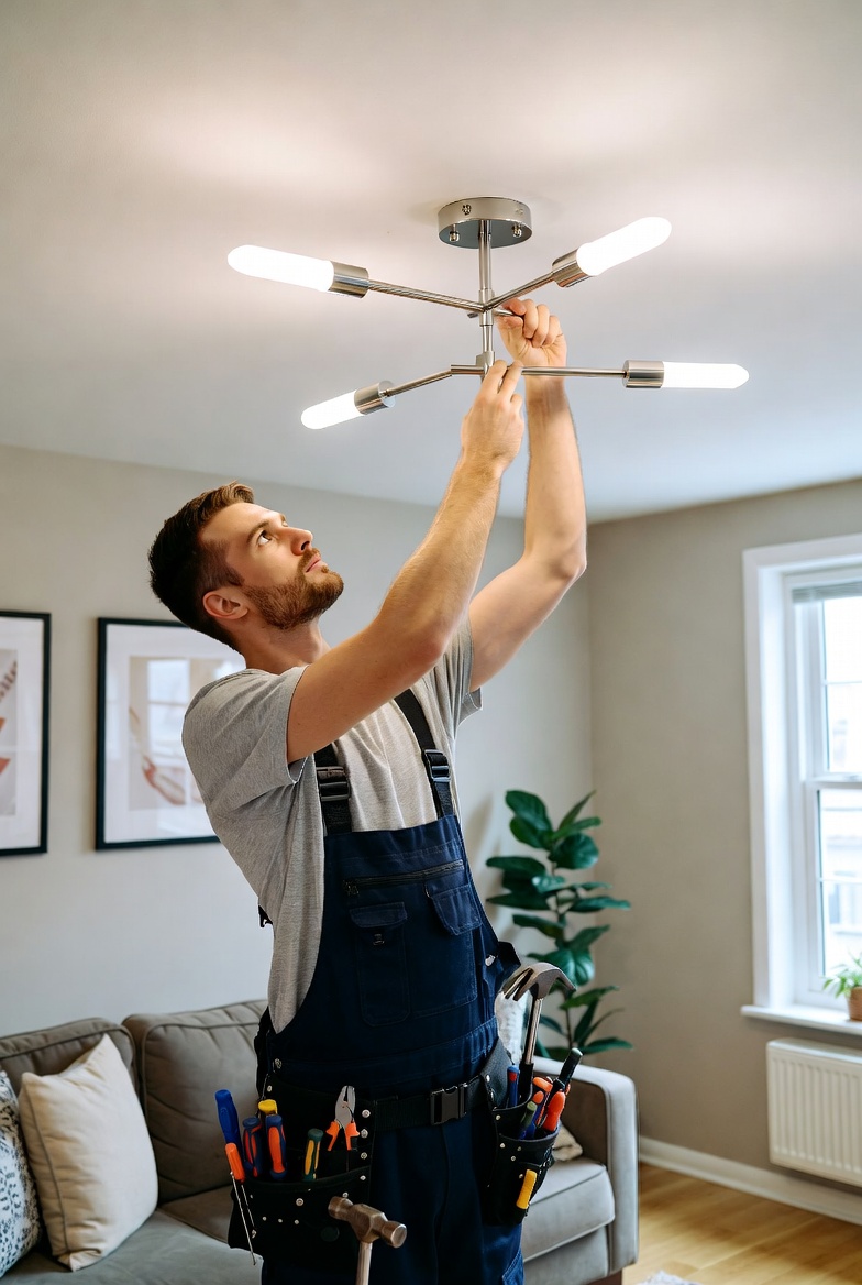 Elektriker installerer moderne belysning i stue